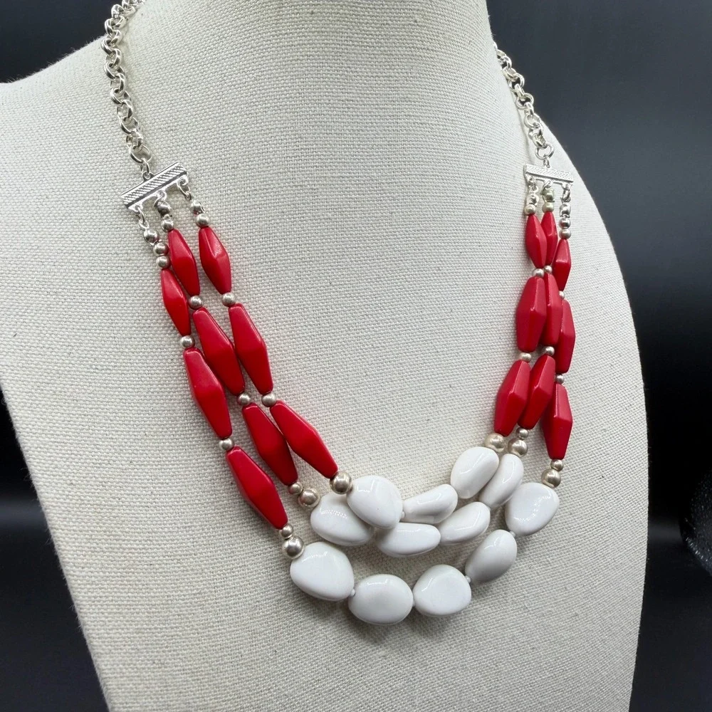 Red White Beaded Statement Necklace Silver Tone Triple Strand Chunky Boho Gift